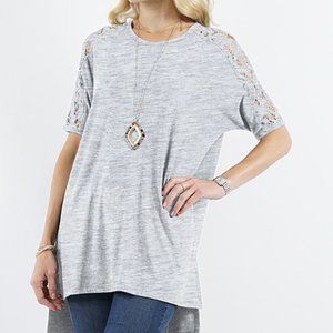 Heather Gray Crewneck Lace-Sleeve Hi-Low Tunic